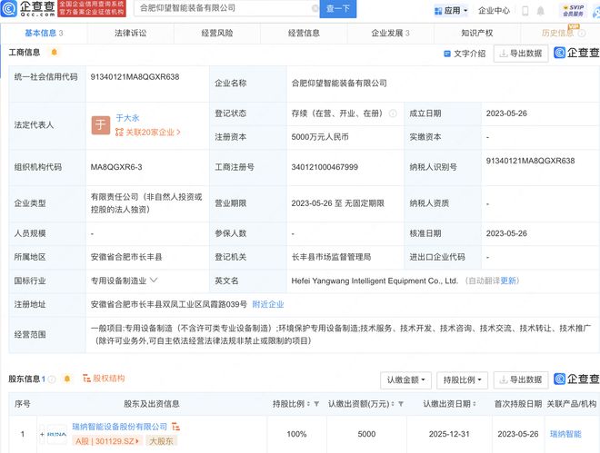 瑞納智能5000萬于合肥新設仰望智能裝備公司